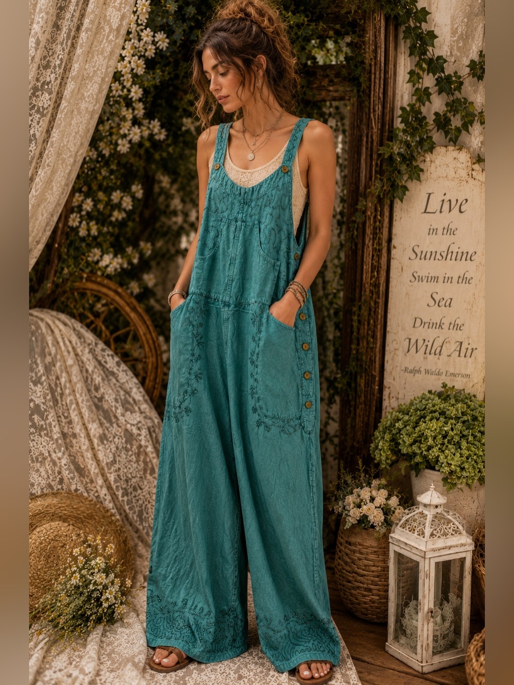 Teal Embroidered Wide-Leg Jumpsuit